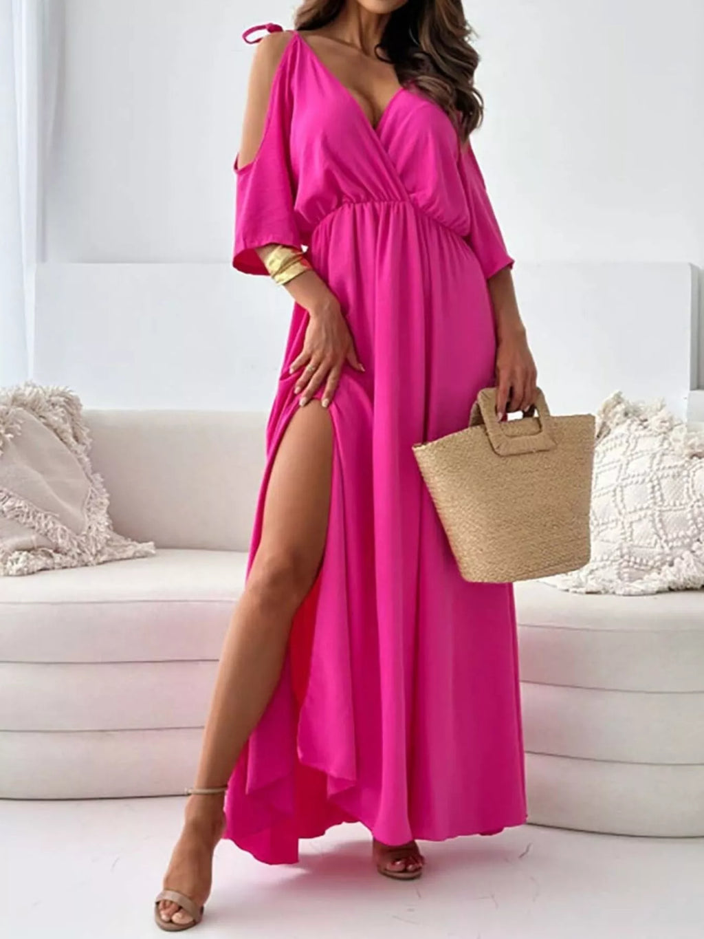 Slit Cold Shoulder Maxi Dress - Lilixa.store
