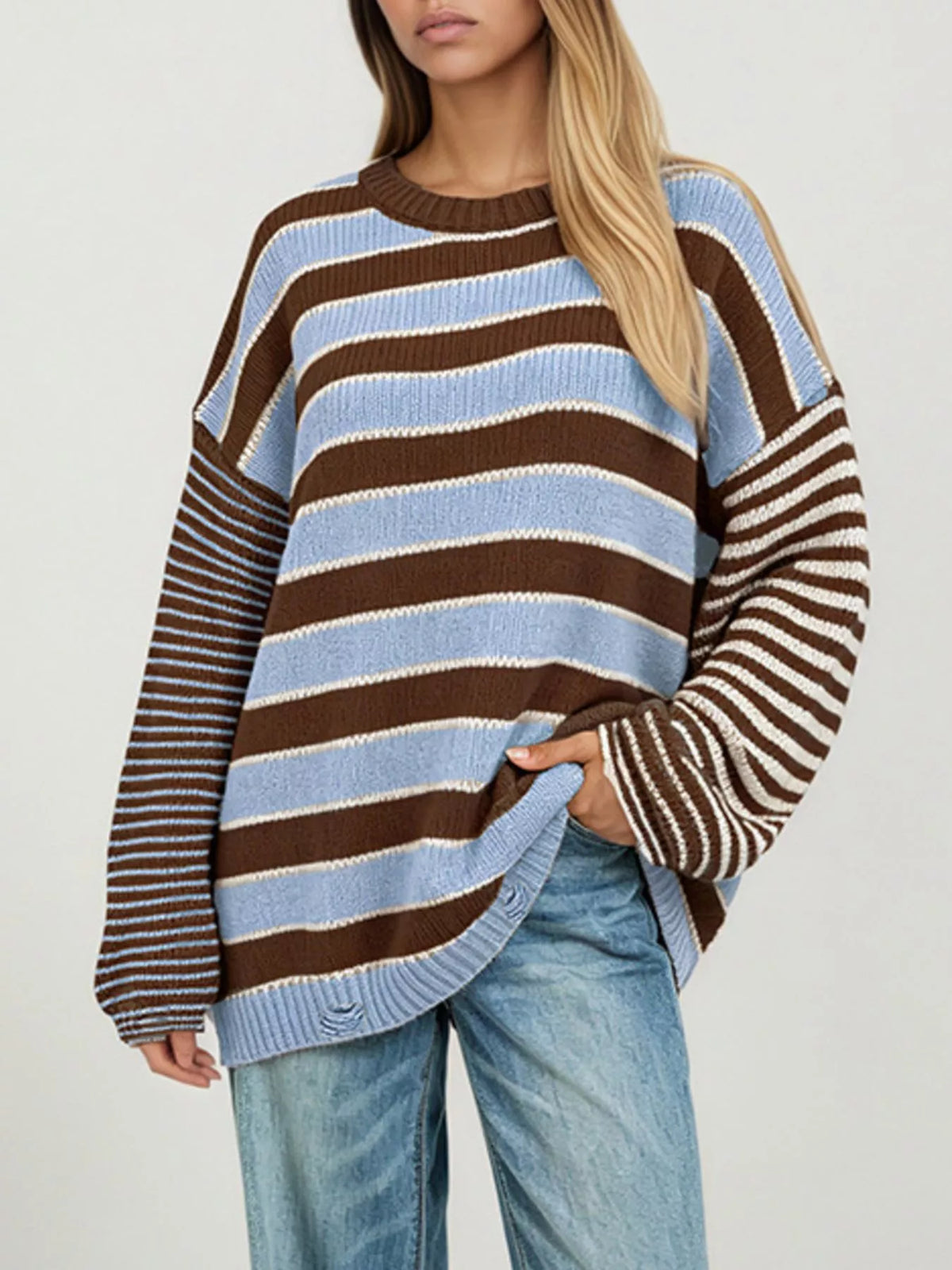 Oversized Striped Distressed Sweater - Lilixa.store