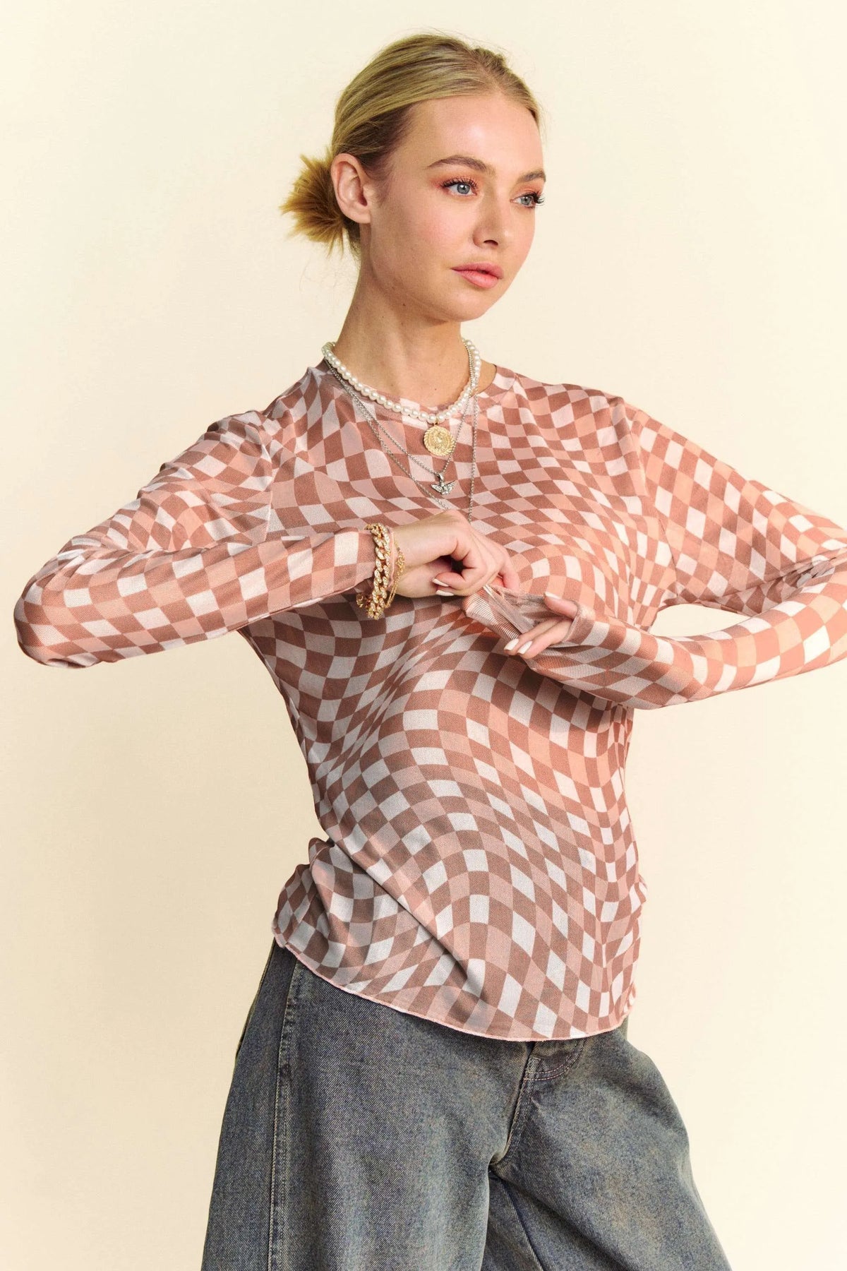Davi & Dani Checker Board Mesh Long Sleeve Layering Top - Lilixa.store