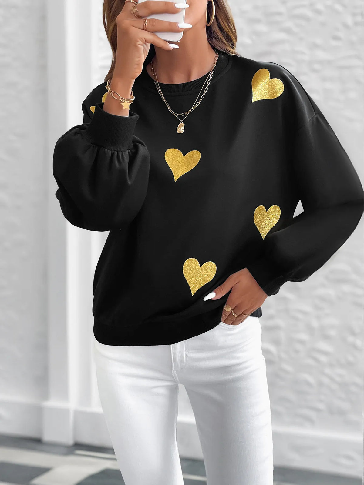 Heart Print Long Sleeve Sweatshirt - Lilixa.store