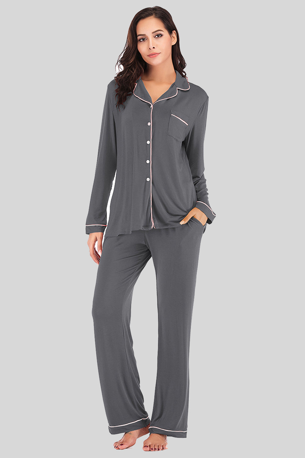Collared Neck Long Sleeve Loungewear Set with Pockets - Lilixa.store