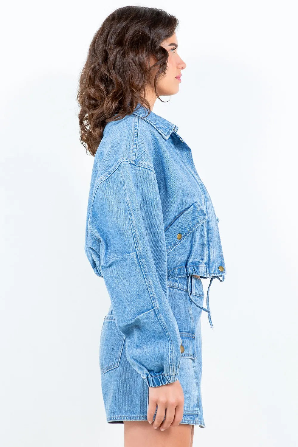 American Bazi Drawstring Waist Crop Denim Jacket - Lilixa.store