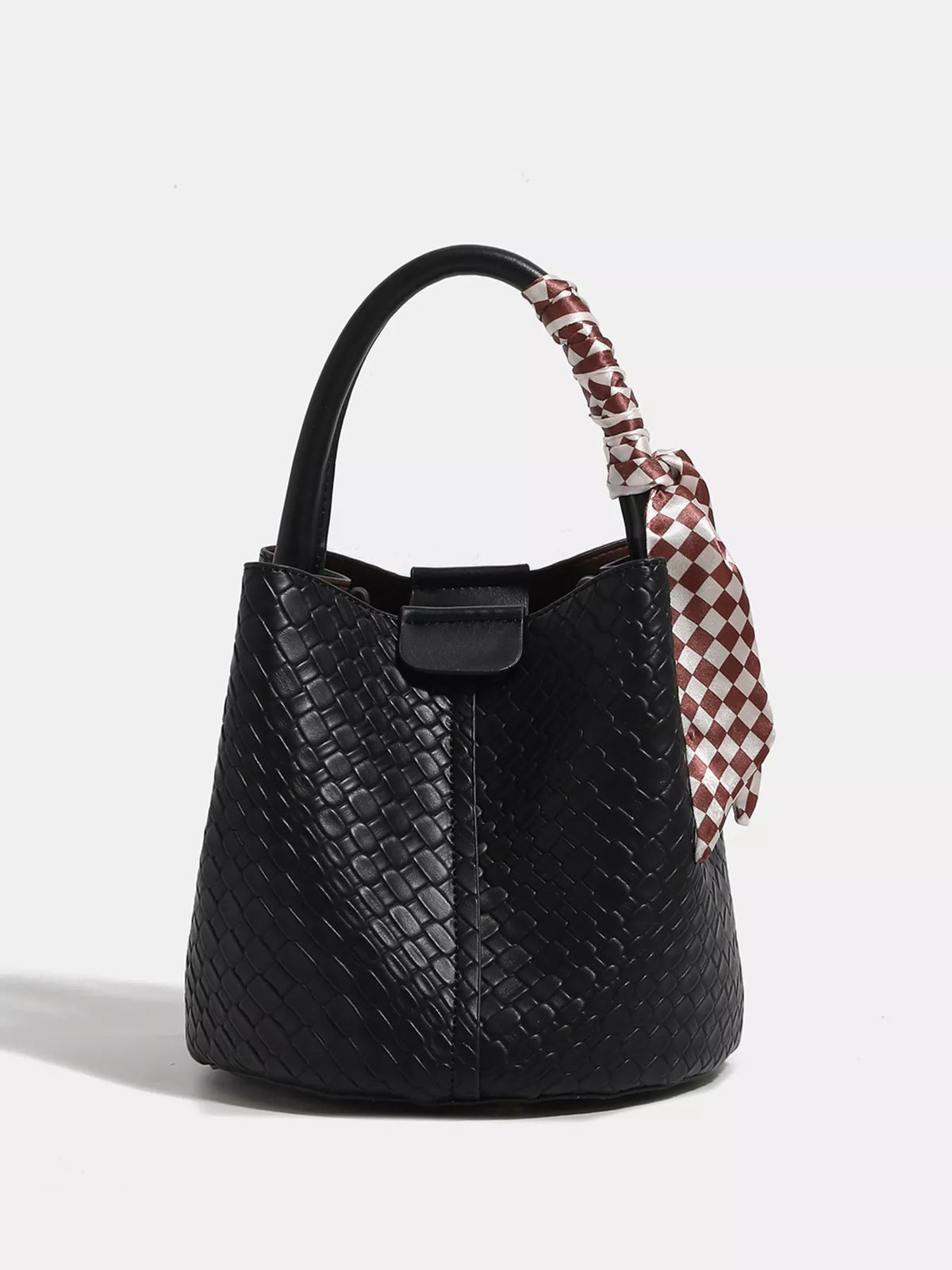Woven Texture Bucket Handbag with Decorative Scarf in Black