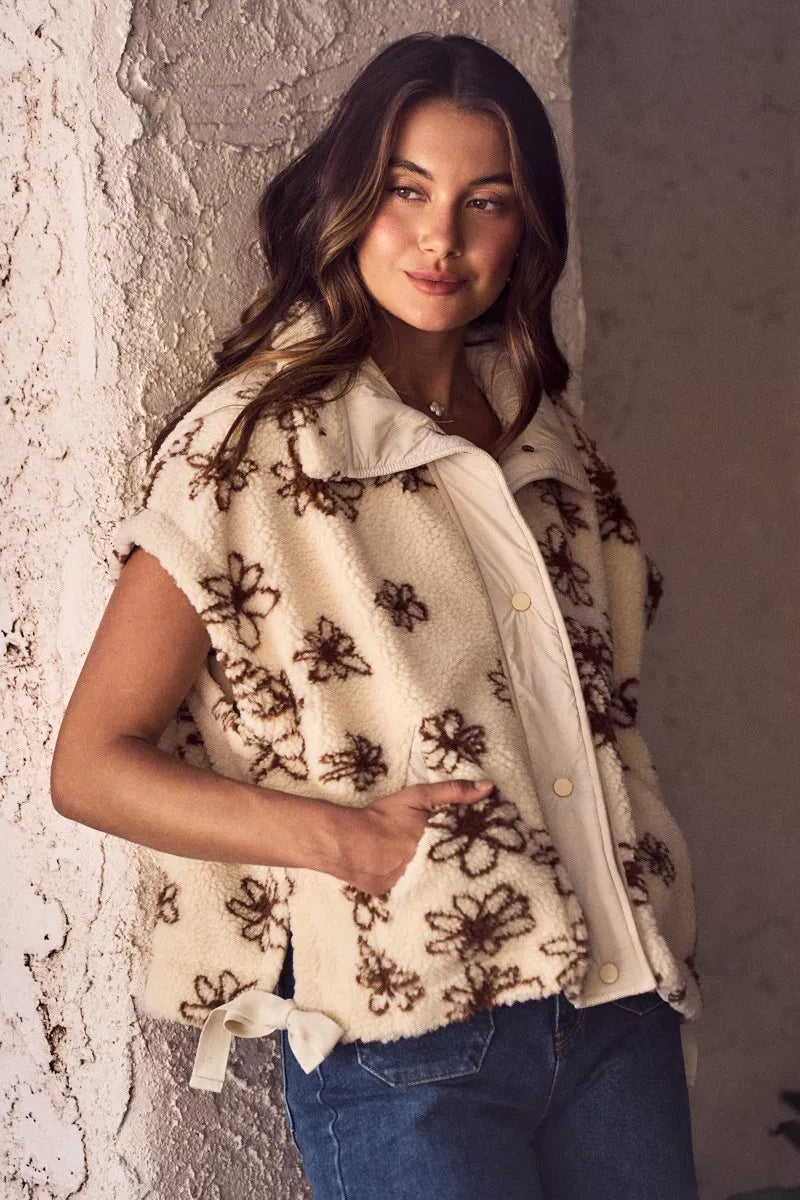SO ME Flower Sherpa Fur Oversized Sleeveless Vest Jacket in Brown, view 7