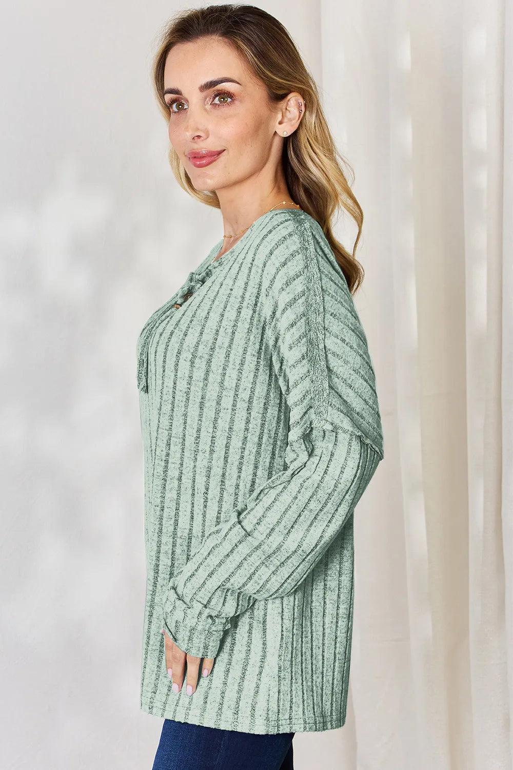 Basic Bae Full Size Ribbed Half Button Long Sleeve T-Shirt - Lilixa.store