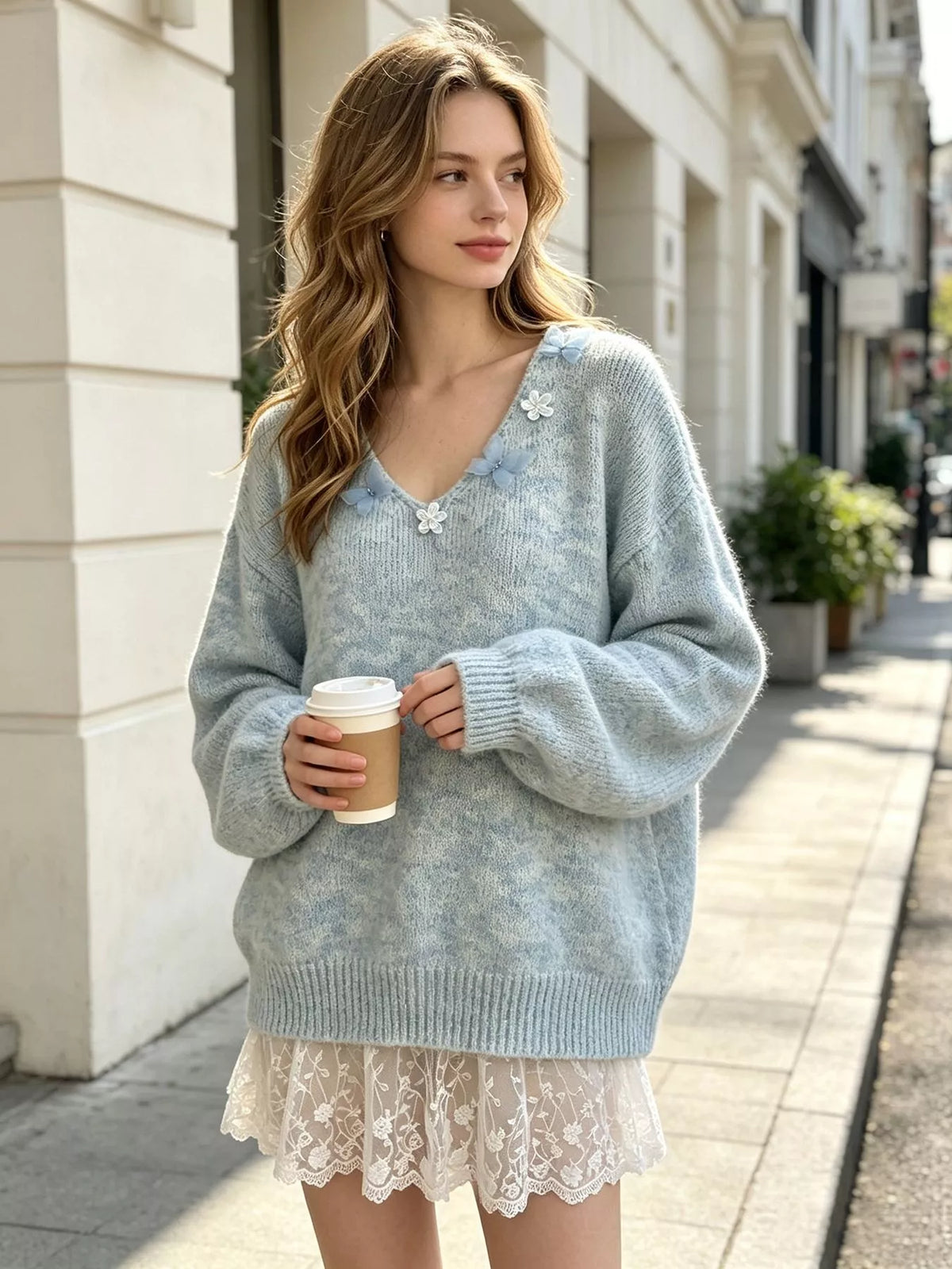 V-Neck Floral Applique Lace Hem Sweater in Blue