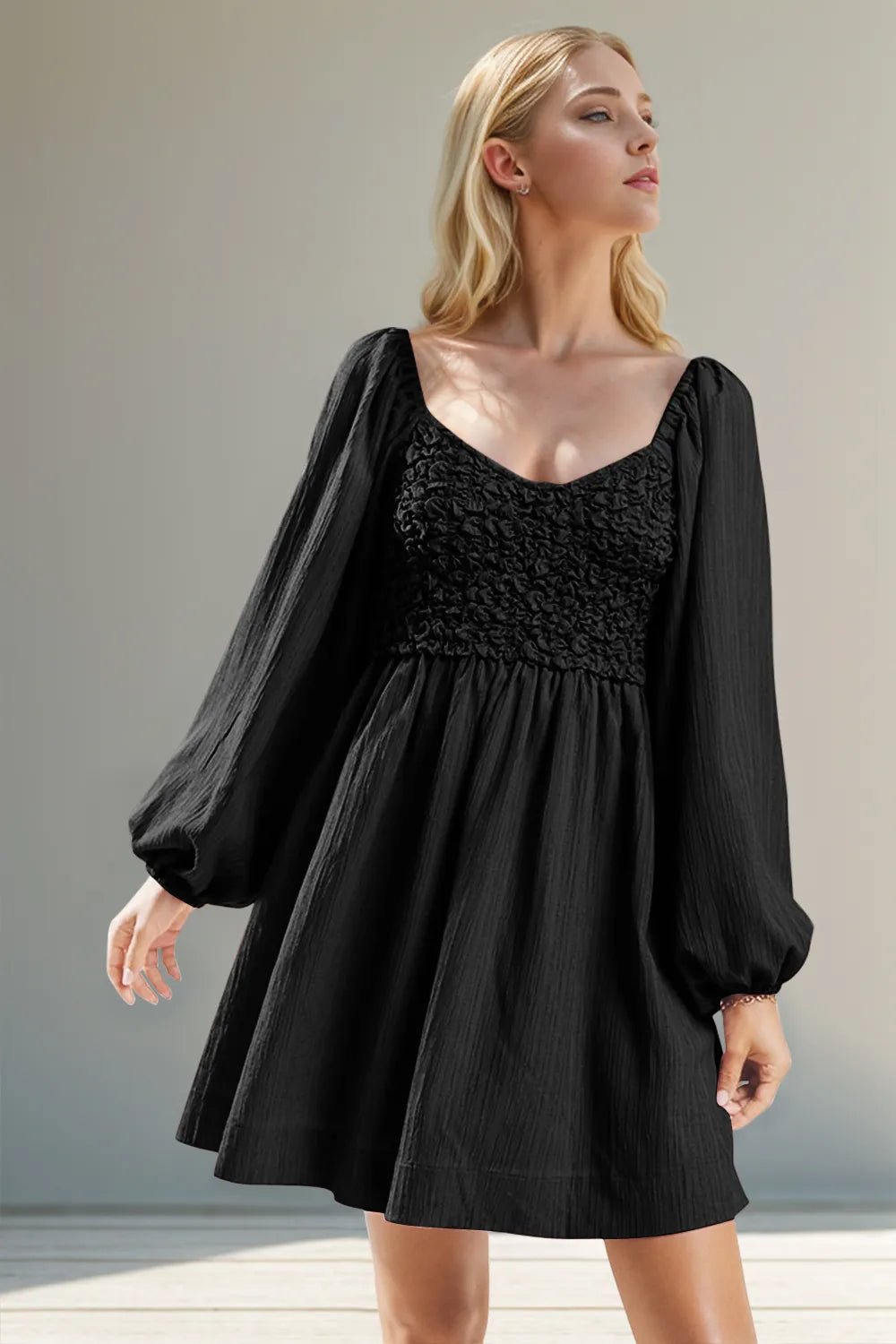 Double Take Texture Smocked Balloon Sleeve Mini Dress in Black
