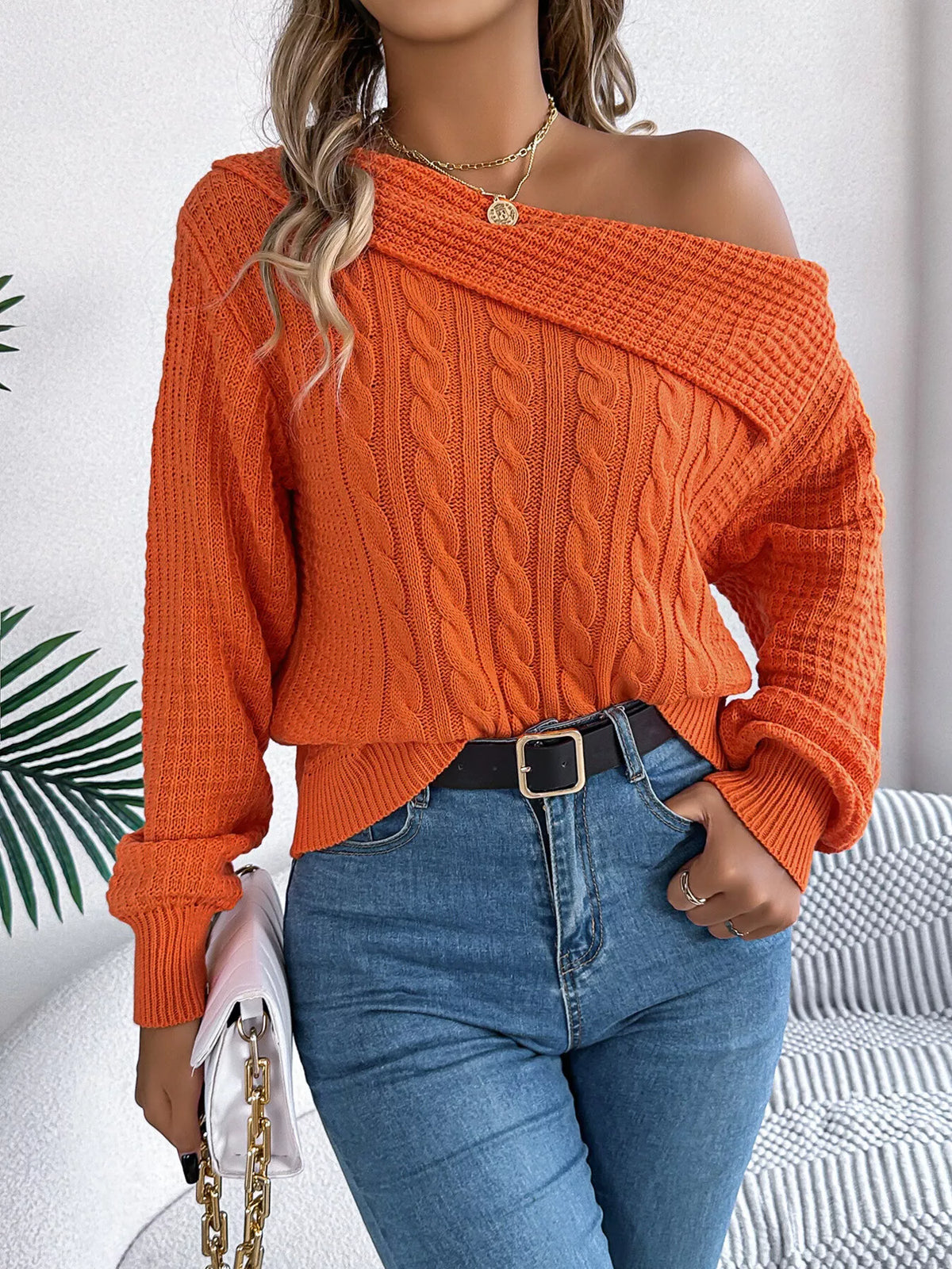 One Shoulder Cable Knit Sweater