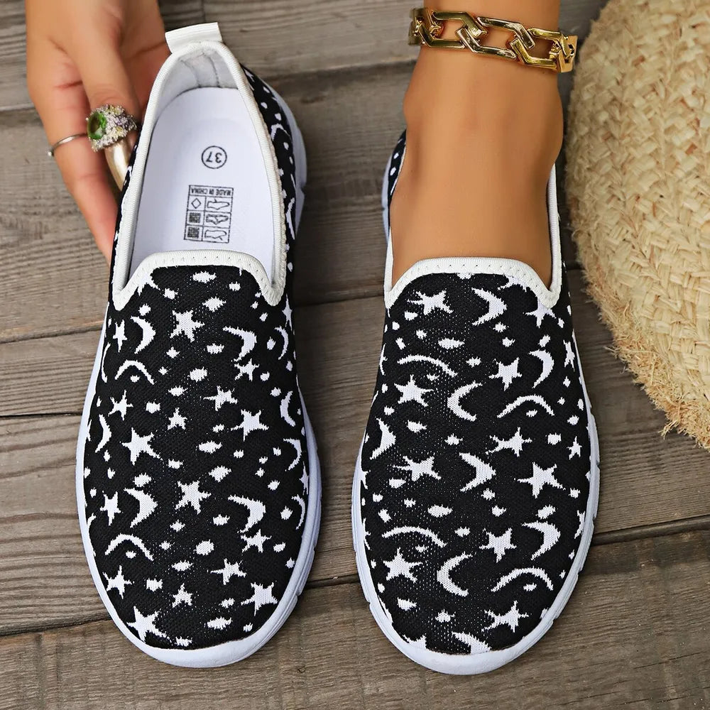 Star & Moon Pattern Flat Loafers in White
