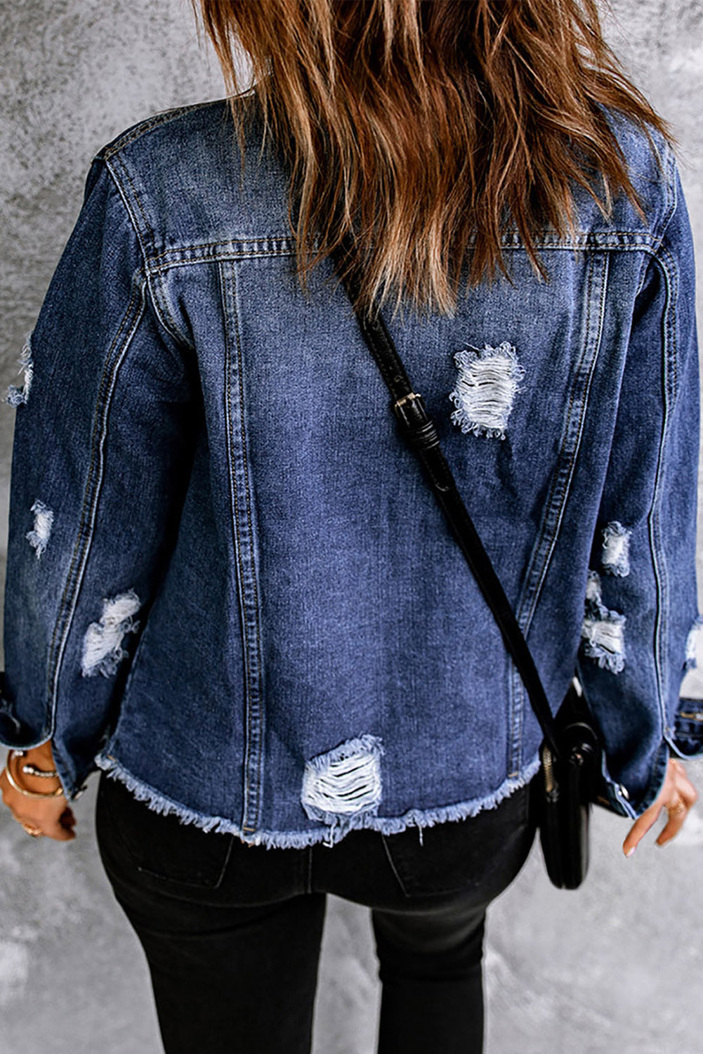 Mixed Print Distressed Button Front Denim Jacket, view 2