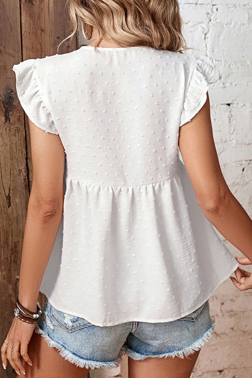 Perfee Swiss Dot Tie-Neck Flutter Sleeve Peplum Blouse in White, view 2