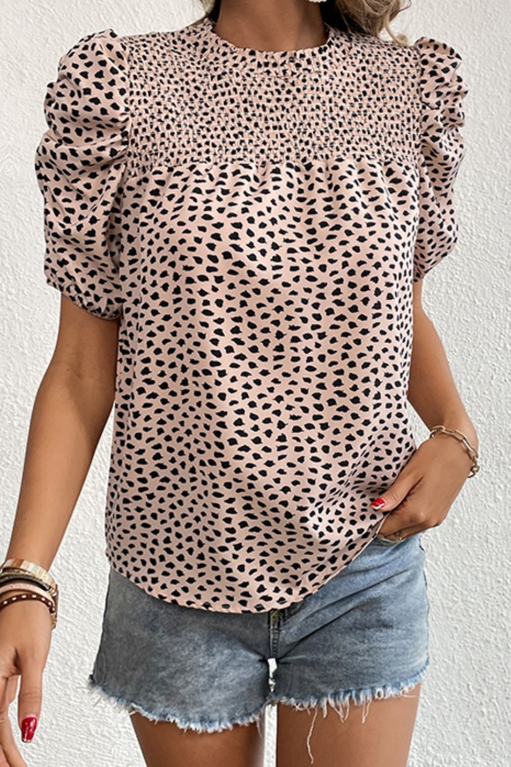 Perfee Printed Smocked Puff Sleeve Blouse in Apricot, view 4