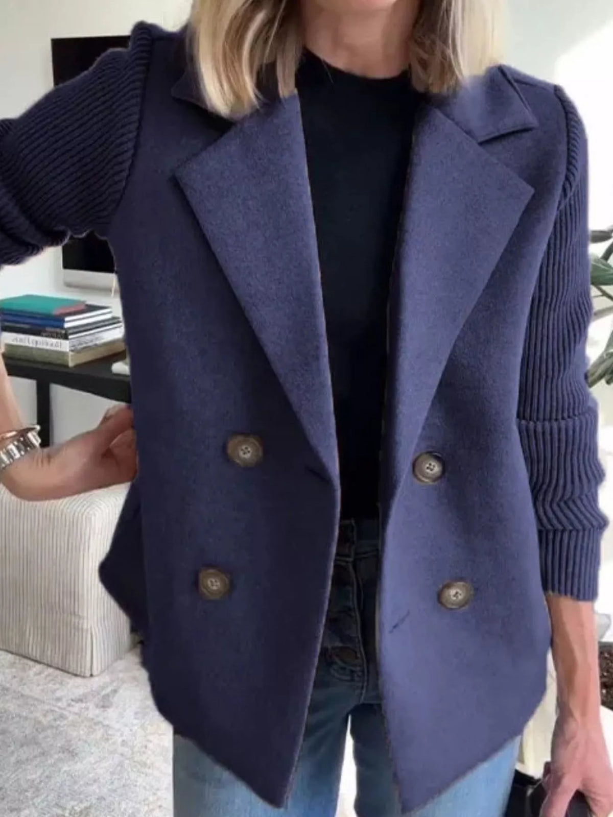 Full Size Knit Sleeve Double-Breasted Outerwear Plus Size in Dark Blue