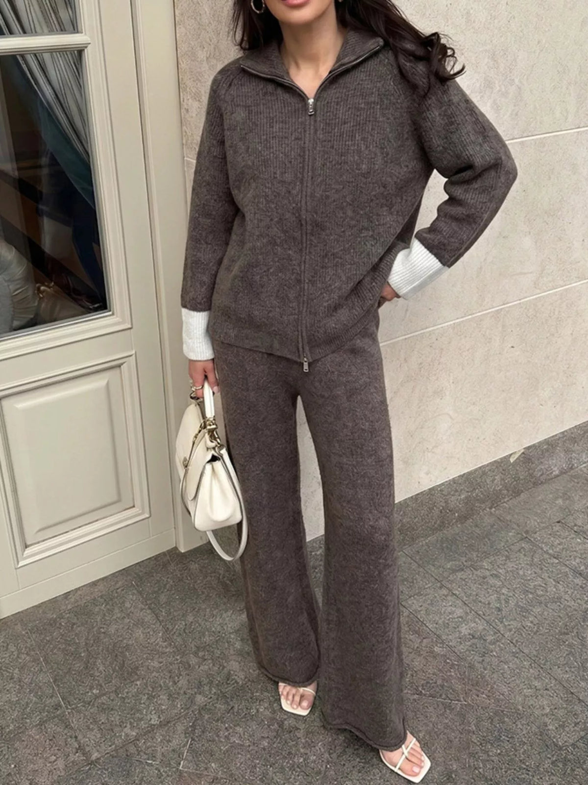 Zip-Up Contrast Cuff Cardigan and Pants Sweater Set in Brown