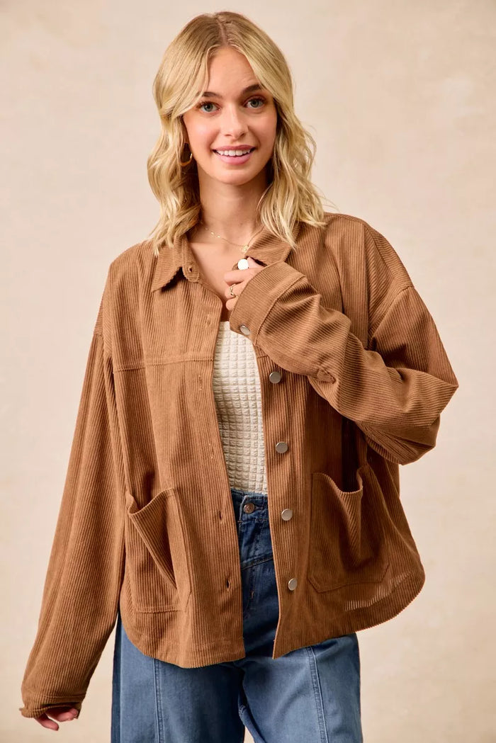 BiBi Corduroy Relaxed Fit Shacket with Back Pleat in Camel