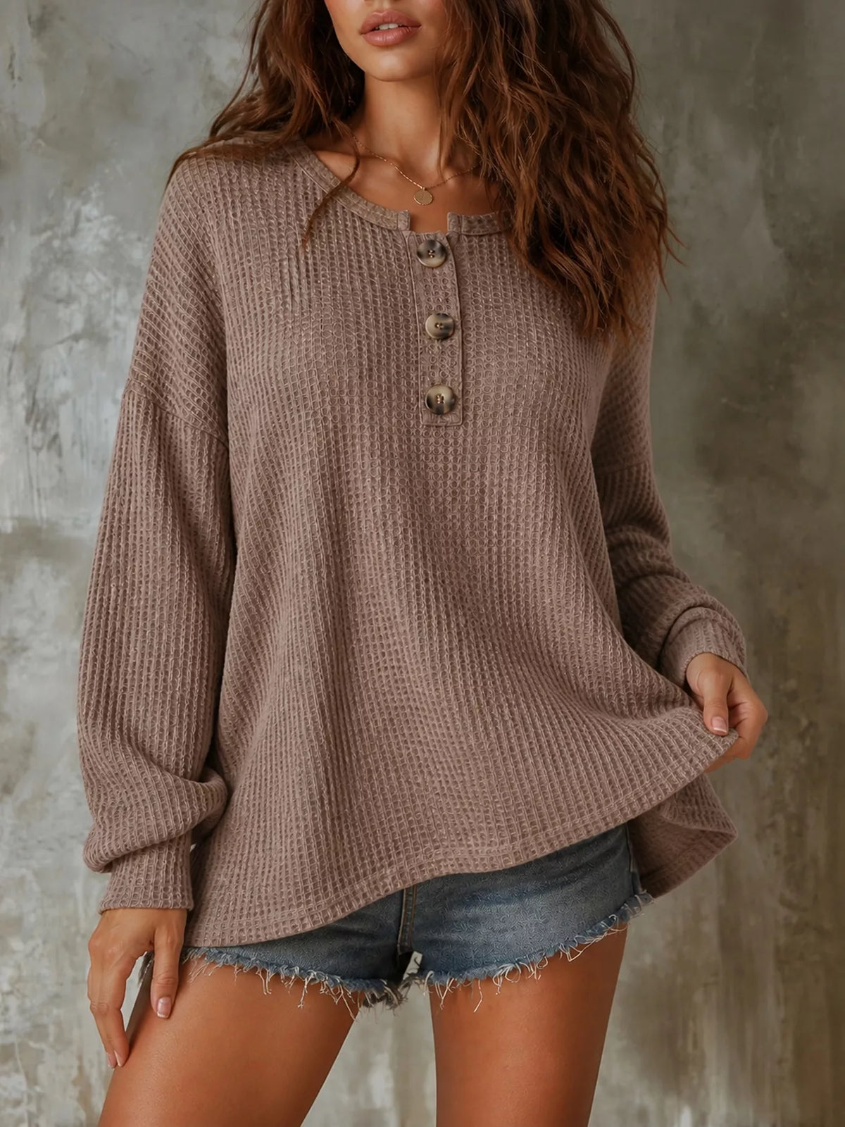 Button Detail Dropped Shoulder Knit Top - Lilixa.store