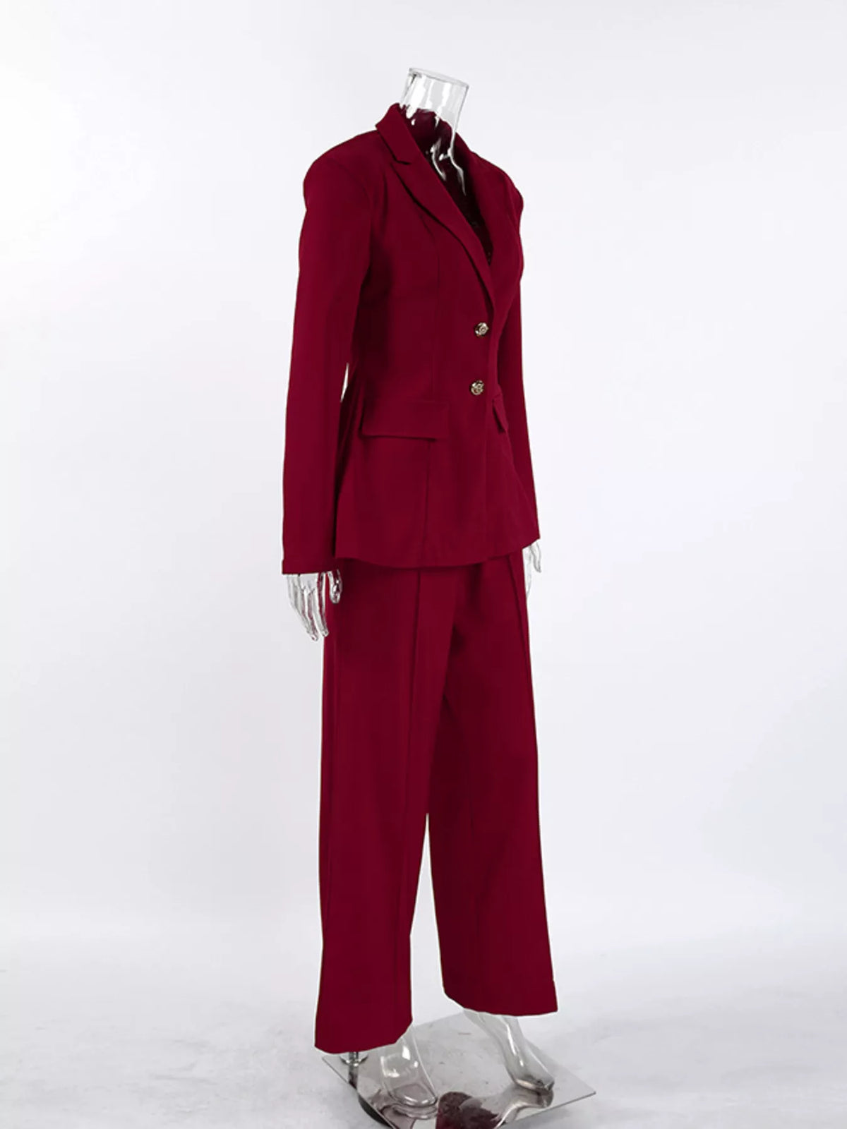 Lapel Collar Blazer and Wide-Leg Pants Set in Wine Red, view 10