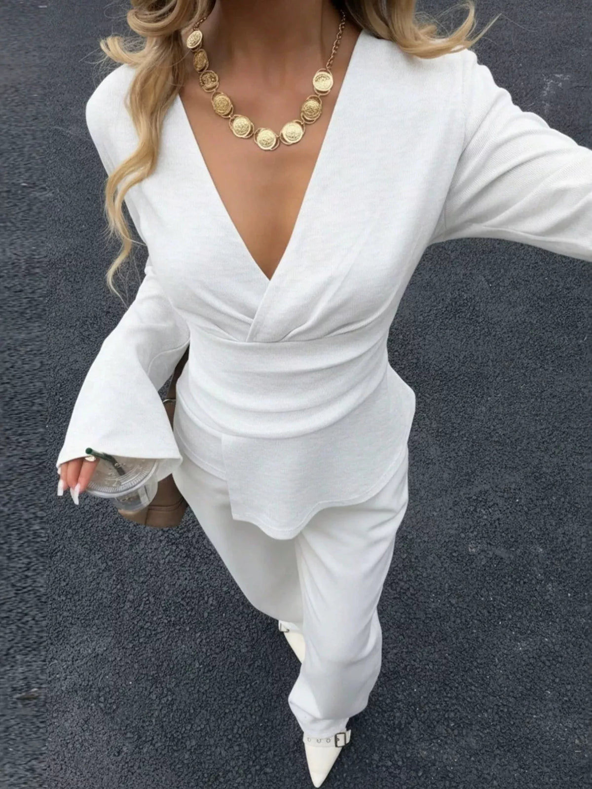 Elegant V-Neck Wrap Asymmetrical Blouse with Flared Sleeves, view 6