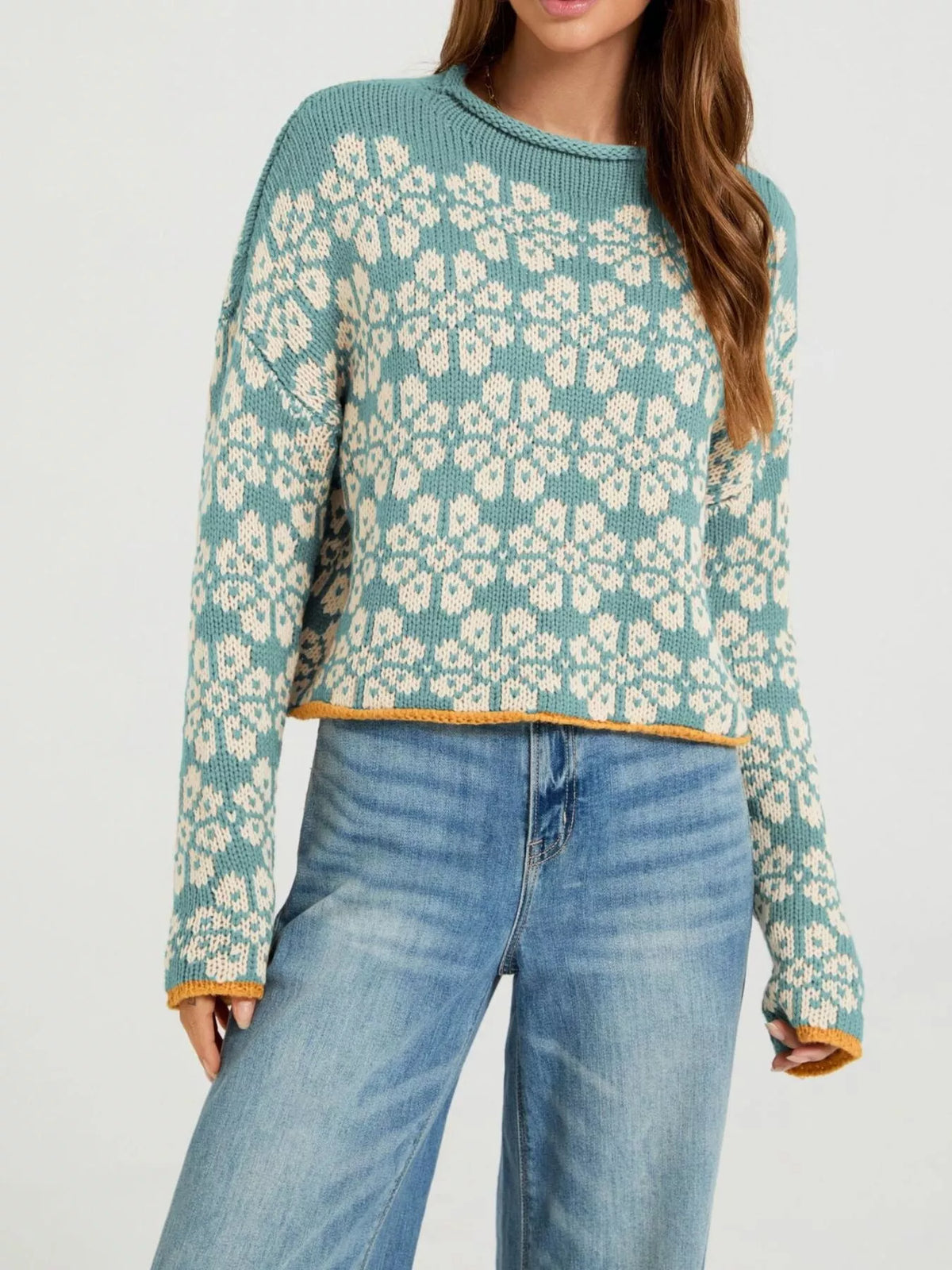 Floral Contrast Trim Dropped Shoulder Sweater - Lilixa.store