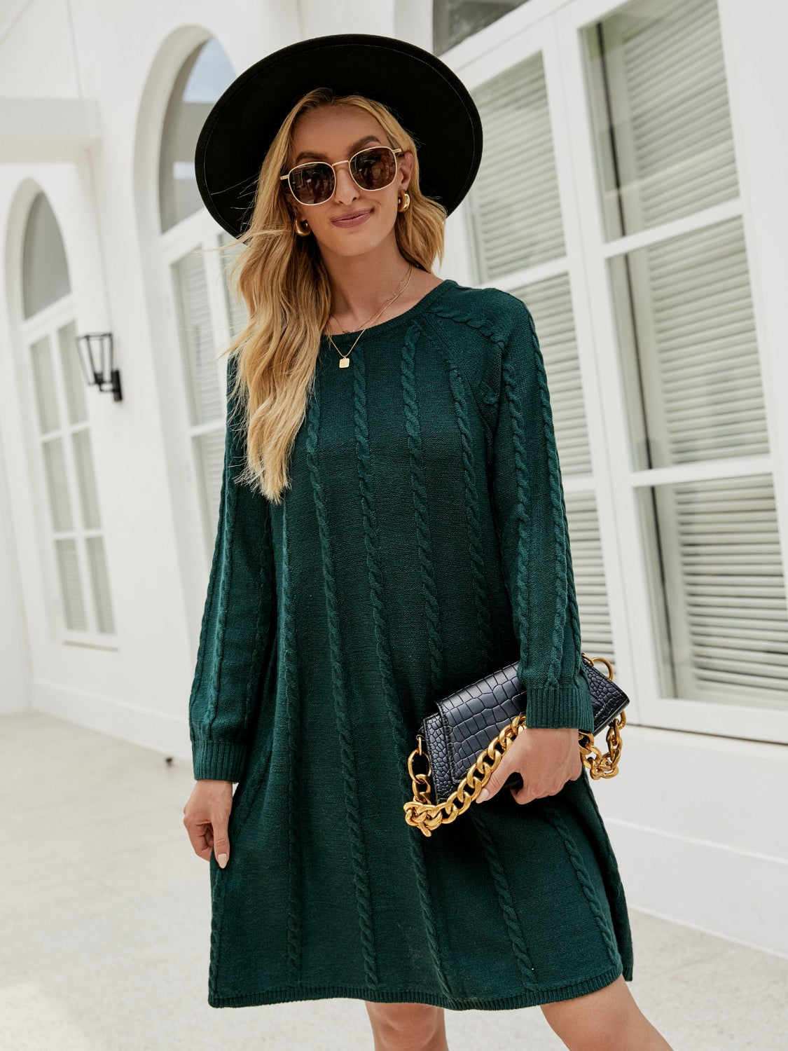 Cable-Knit Long Sleeve Sweater Dress in Black Forest