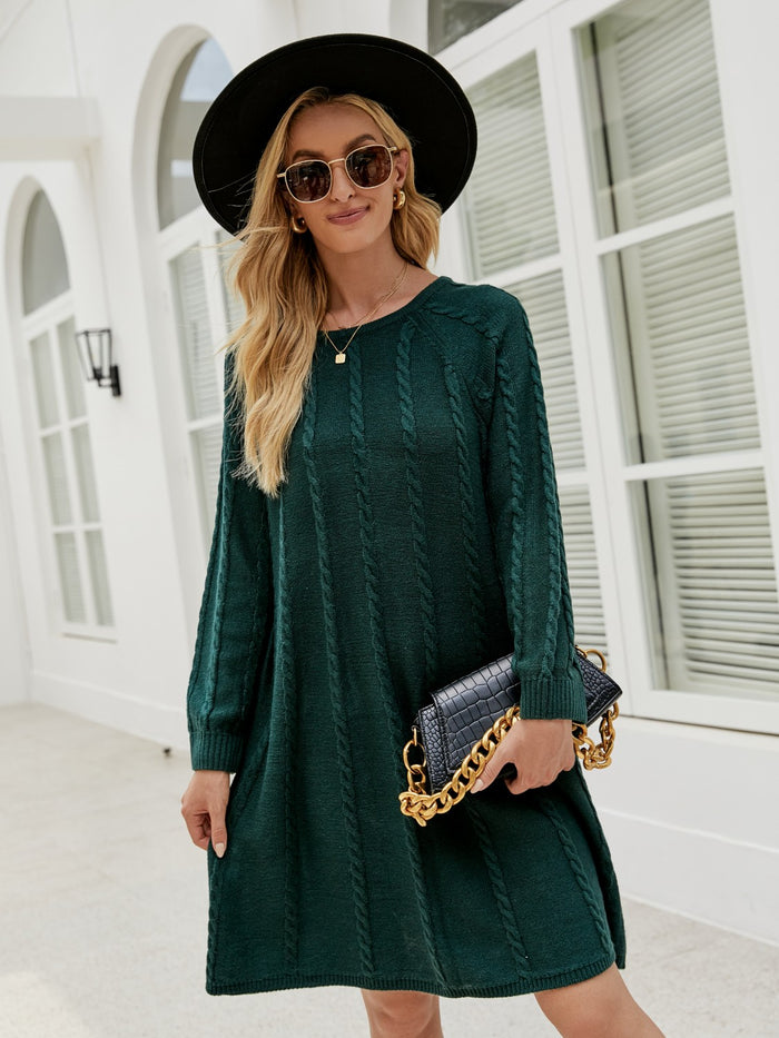 Cable-Knit Long Sleeve Sweater Dress in Black Forest