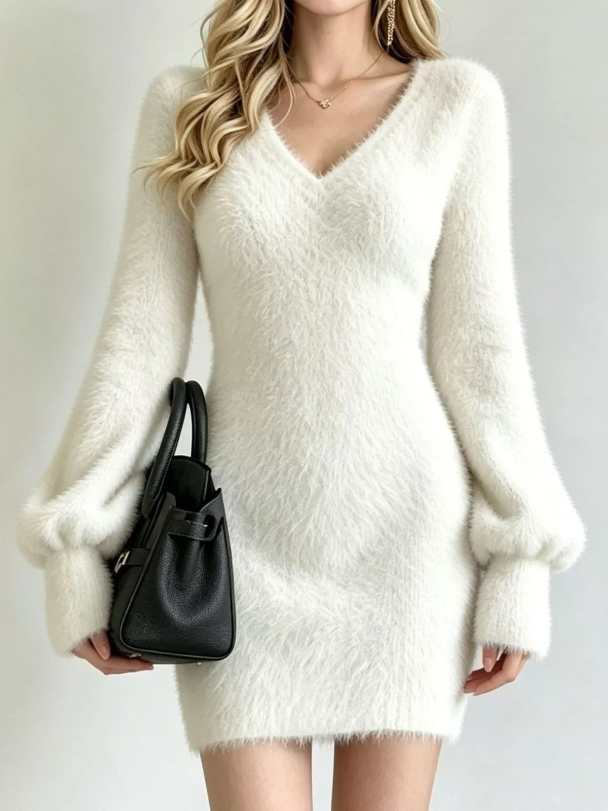 V-Neck Fuzzy Knit Sweater Dress - Lilixa.store