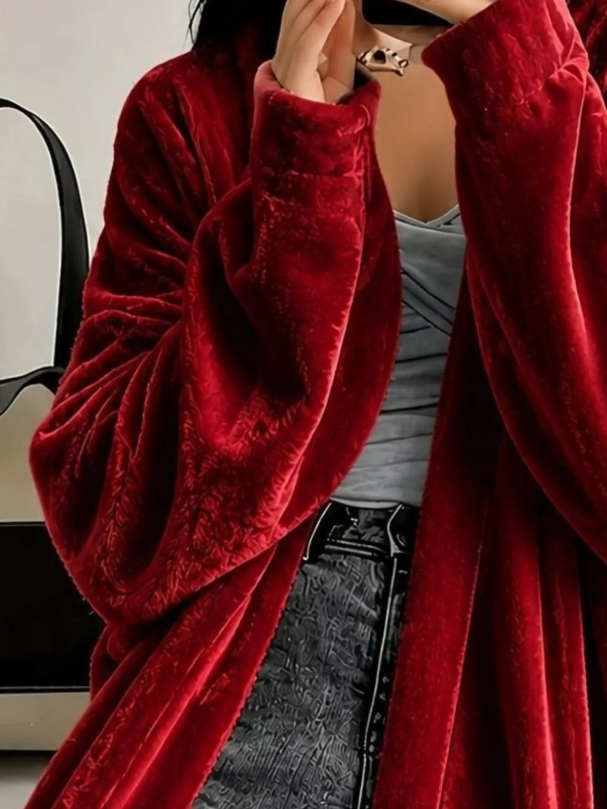 Full Size Velvet Open-Front Longline Outerwear Plus Size - Lilixa.store