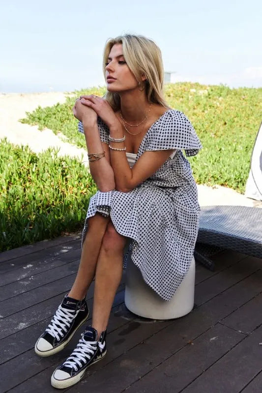 Davi & Dani Jacquard V-Neck Flutter Cap Sleeve Tiered Dress - Lilixa.store