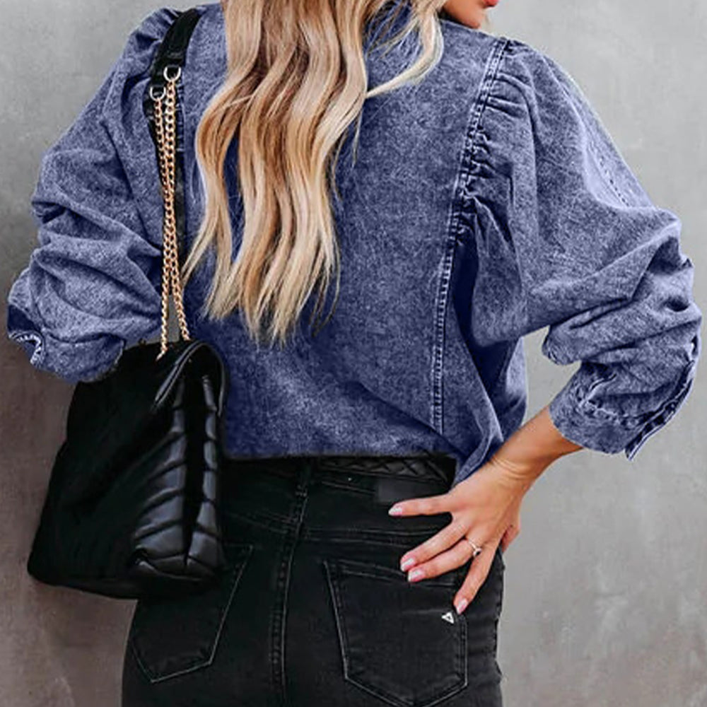 Collared Neck Buttoned Denim Shirt - Lilixa.store