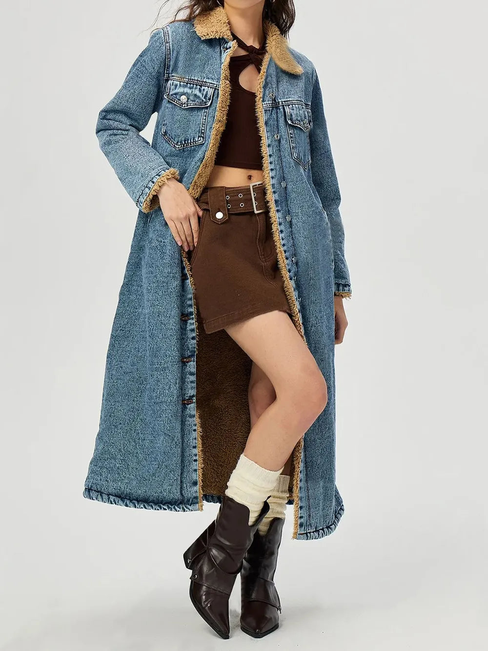 Pocketed Button Up Denim Jacket with Fur Lining, view 4
