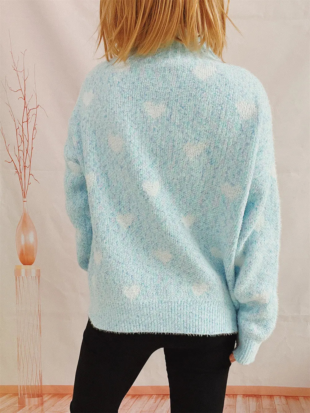 Heart Heathered Turtleneck Drop Shoulder Sweater, view 4
