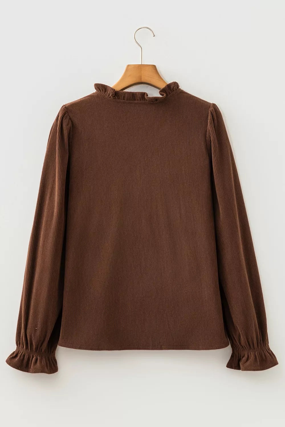 Solid Color Ruffle Trim V Neck Long Sleeve Button Corduroy Shakcet in Dark Brown, view 6