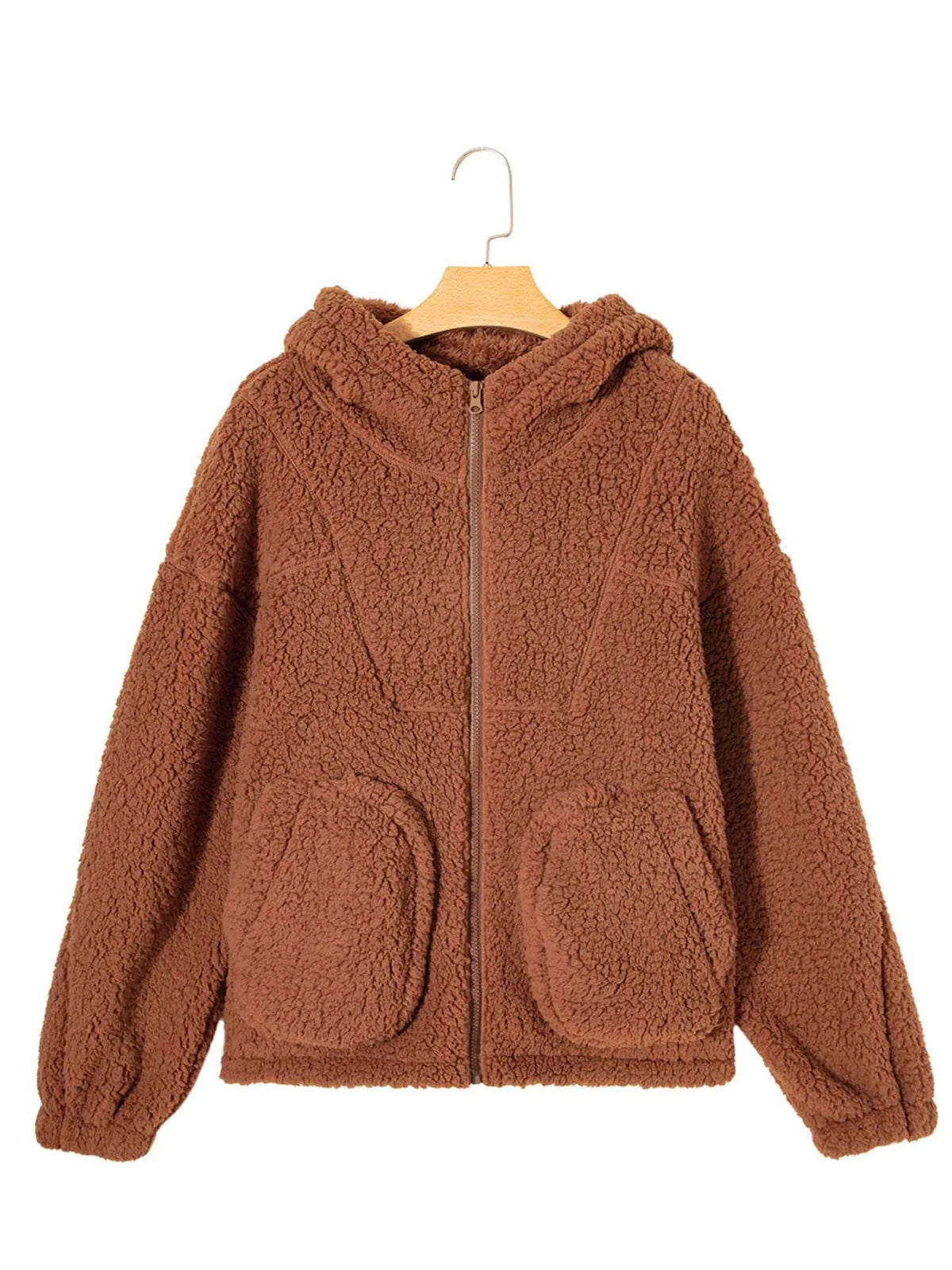 Zip Up Hooded Sherpa Jacket in Caramel, view 8