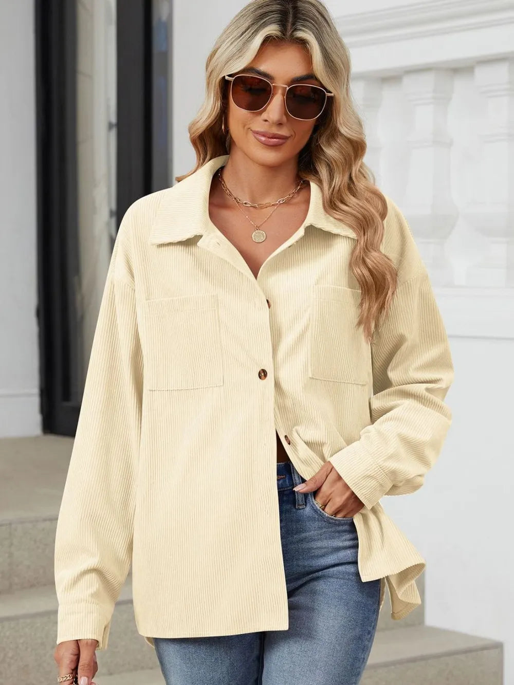 Button Up Dropped Shoulder Long Sleeve Outerwear - Lilixa.store