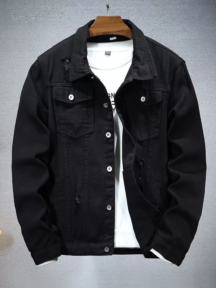 Men's Plus Size Distressed Slim Fit Denim Jacket in Black