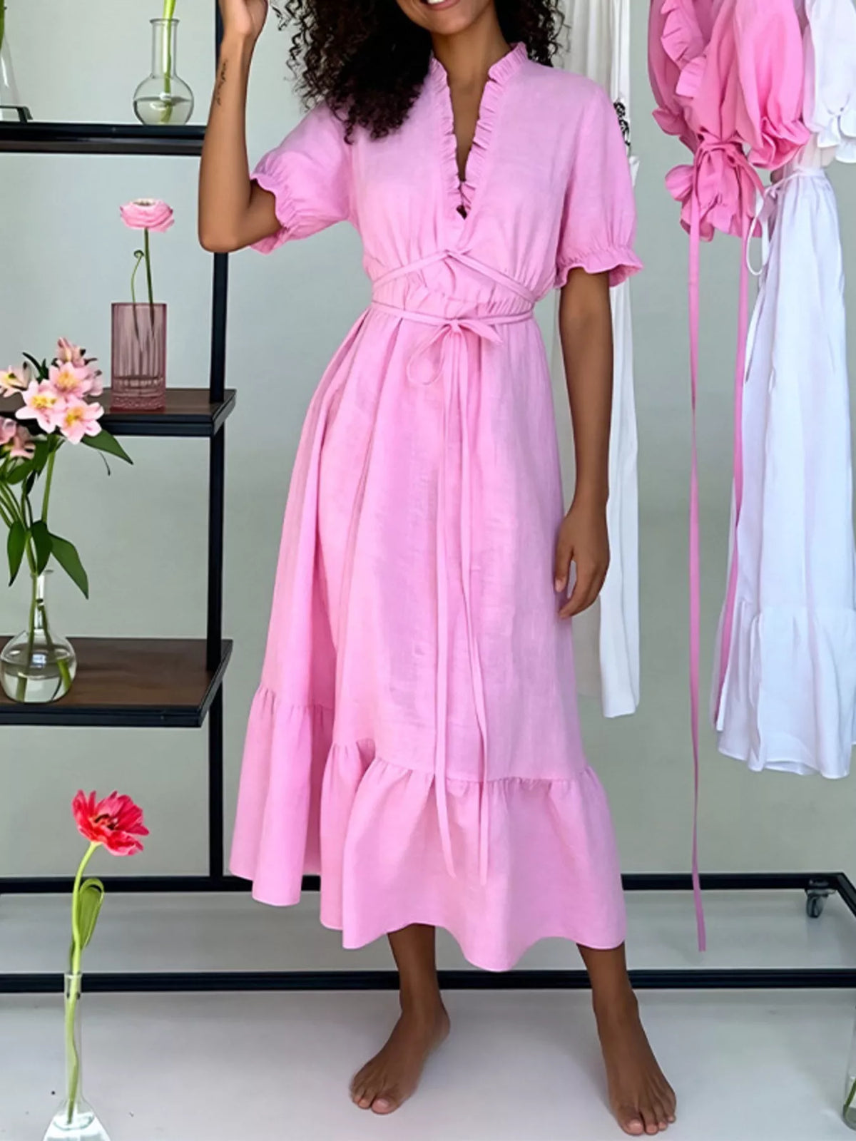 Full Size Puff Sleeve Ruffle Trim Maxi Dress Plus Size, view 5