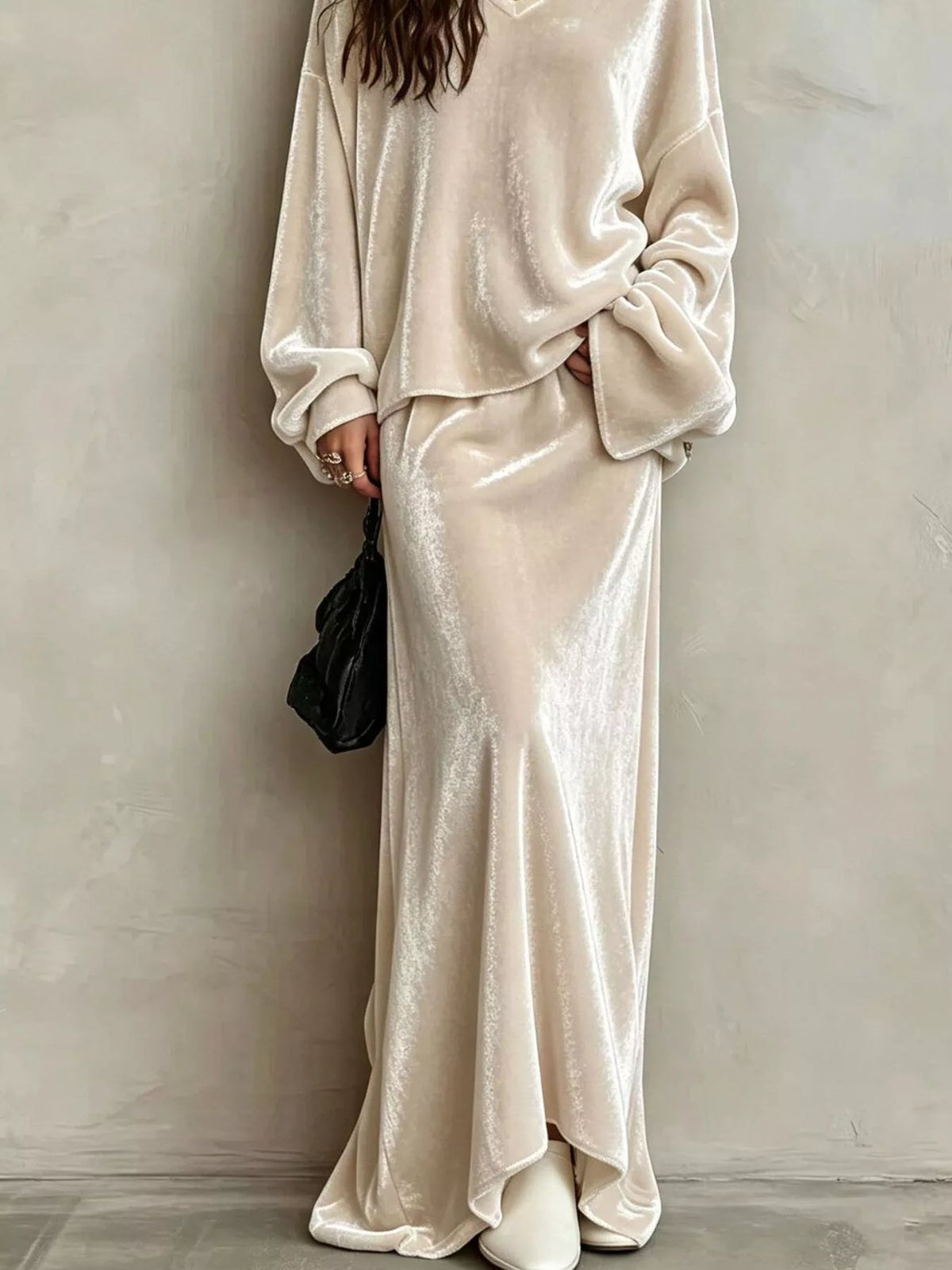 V-Neck Velvet Long Sleeve Top and Maxi Skirt Two-Piece Set