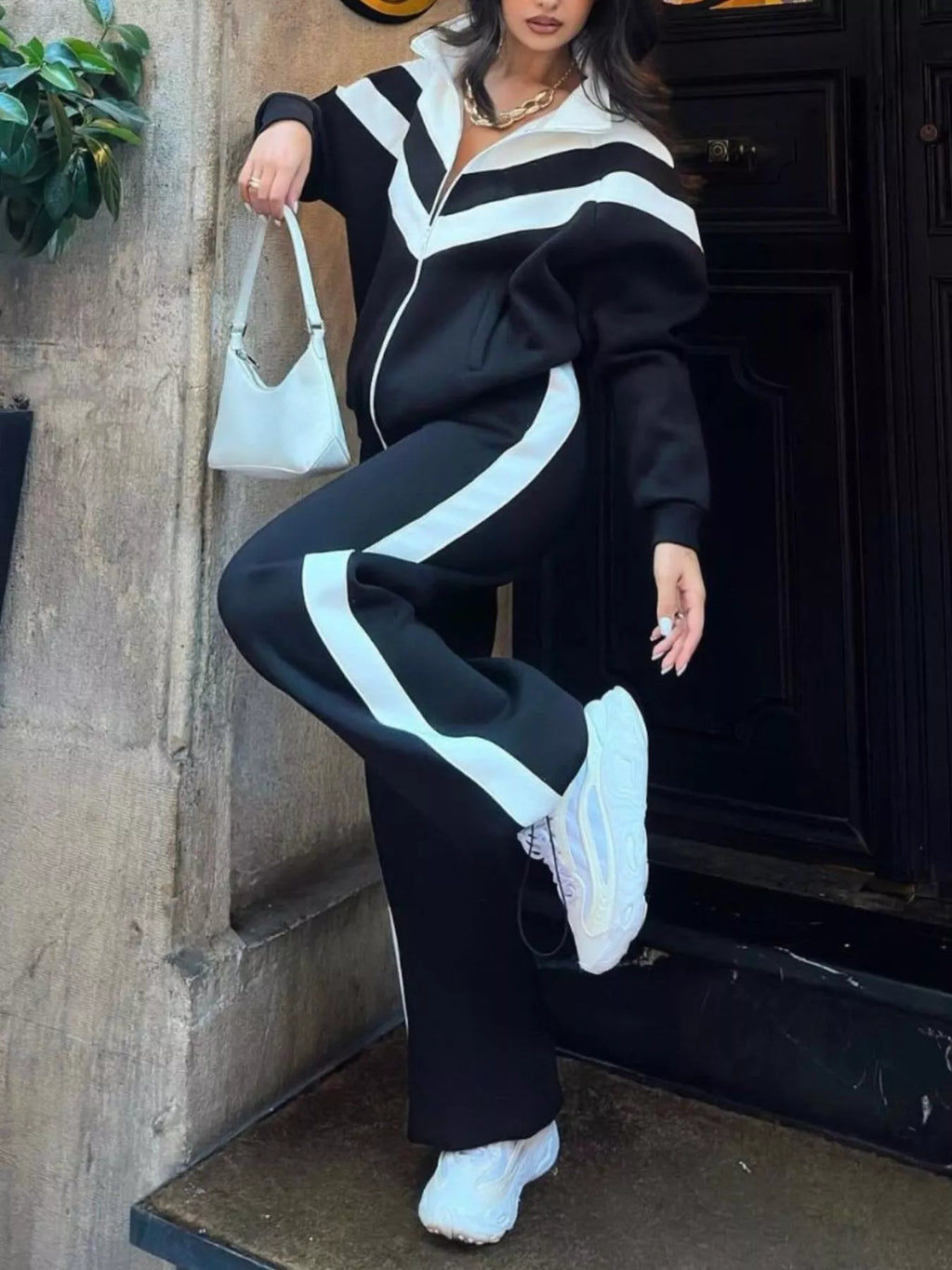 Color Block Zip-Up Outerwear and Pants Set - Lilixa.store