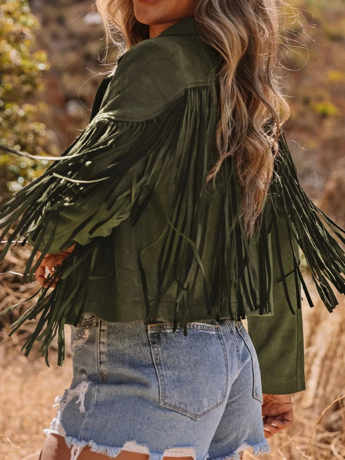 Cropped Fringe Faux Suede Jacket in Army Green, view 3
