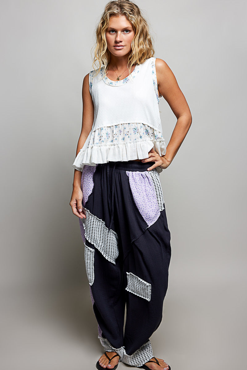 POL Floral Print Patche Round Neck Ribbed Tank with Double Gauze Ruffle Accents - Lilixa.store