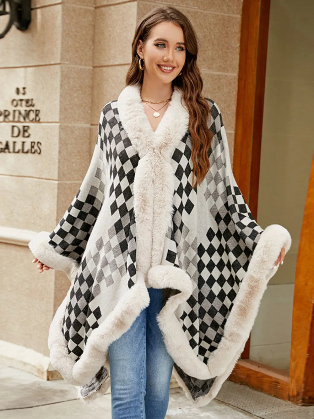 Fuzzy Checkered Long Sleeve Poncho - Lilixa.store