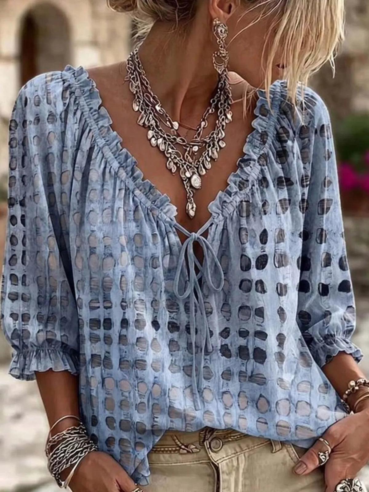Full Size Tie Neck 3/4 Sleeve Blouse Plus Size