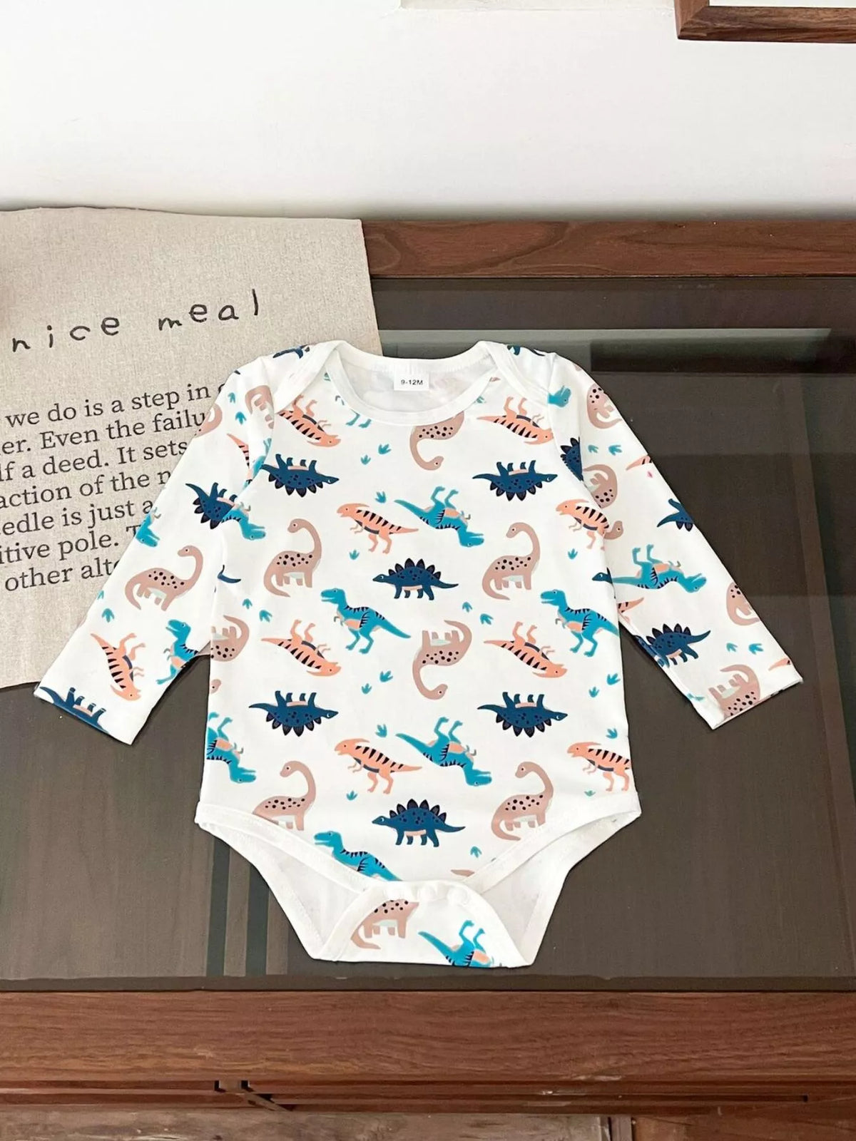 Children's Dinosaur Fleece Hoodie and Pants Set with Dinosaur Print Bodysuit in Navy Blue, view 3