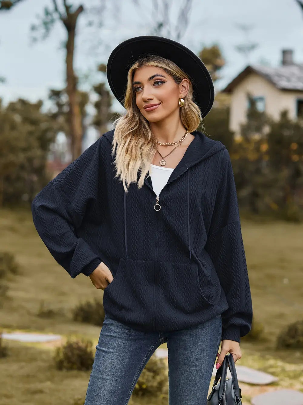Zip Up Drawstring Long Sleeve Hooded Jacket, view 6