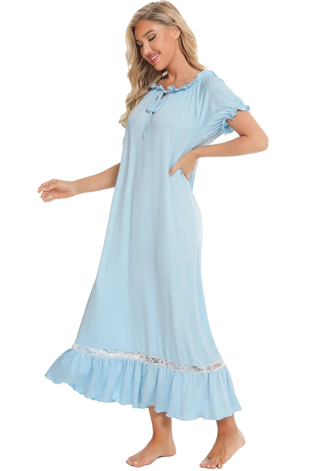 Lace Detail Short Sleeve Lounge Dress - Lilixa.store