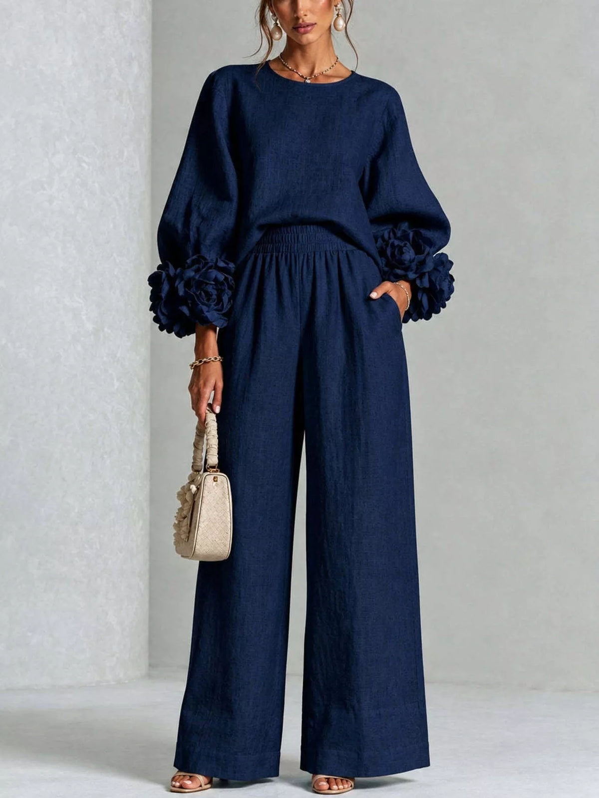 Full Size Floral Cuffs Top and Wide Leg Pants Set Plus Size