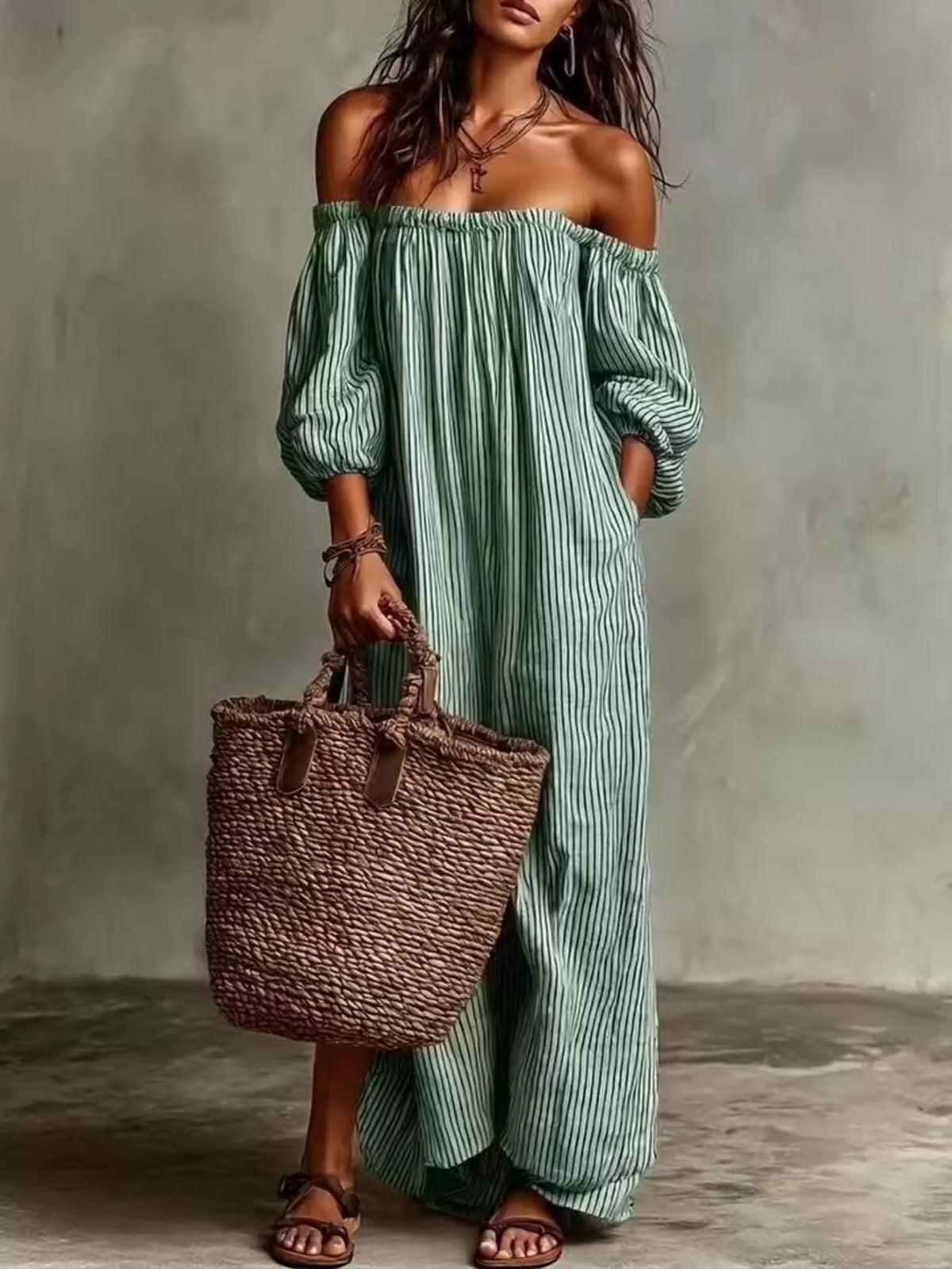 Full Size Off-Shoulder Striped Maxi Dress with Puff Sleeves Plus Size - Lilixa.store