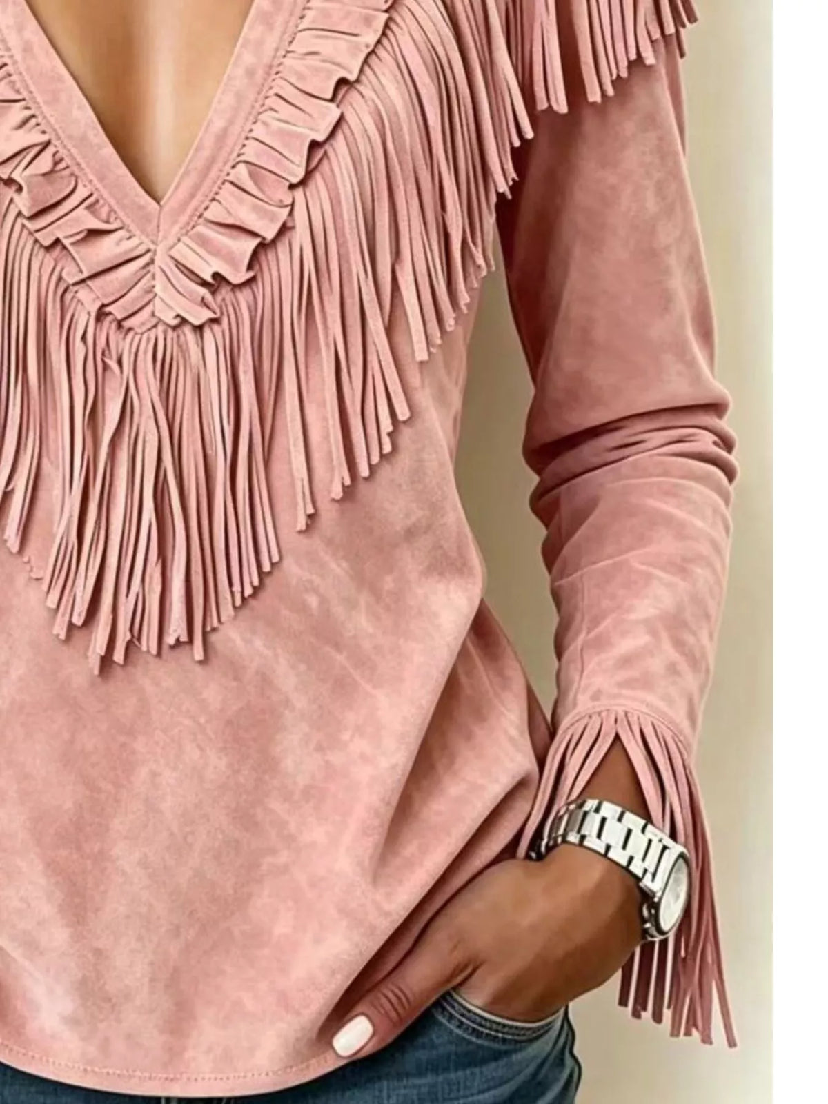 Fringed V-Neck Blouse