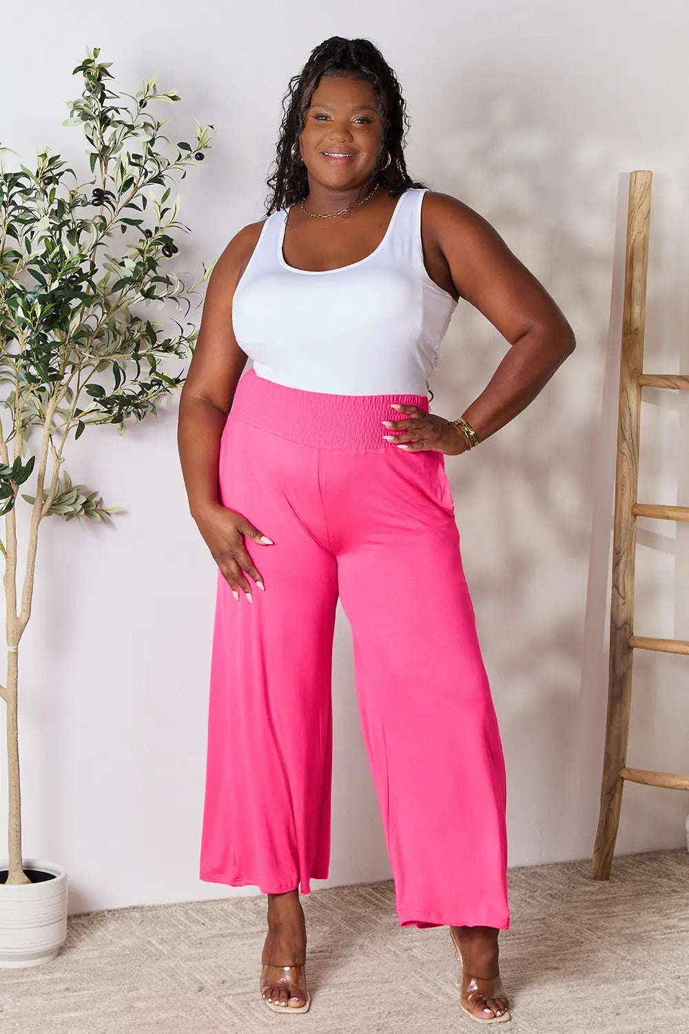 Basic Bae Full Size Smocked Wide Waistband Wide Leg Pants - Lilixa.store