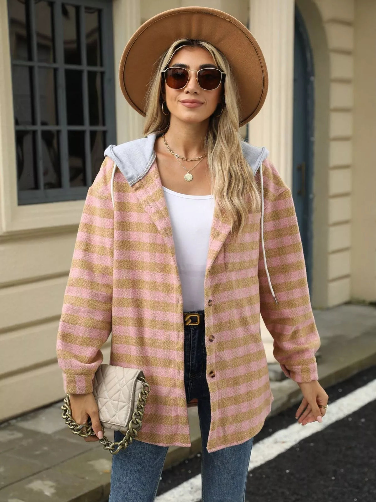 Plaid Button Up Long Sleeve Drawstring Hooded Jacket, view 12